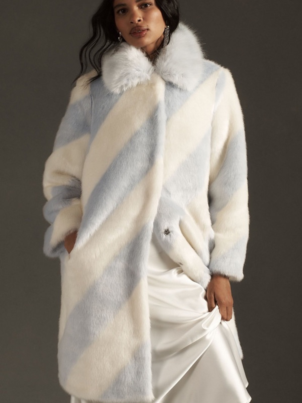 Anthropologie Maeve striped faux fur Pastel Blue & Cream Faux Fur Coat